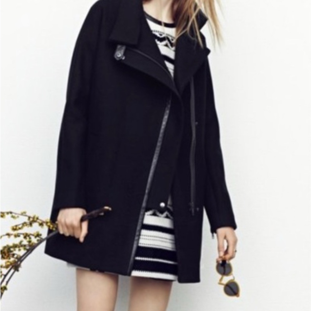 Madewell City Grid Cocoon Warm Coat Black Wool Full Zip‎ Leather Trim Jacket 00